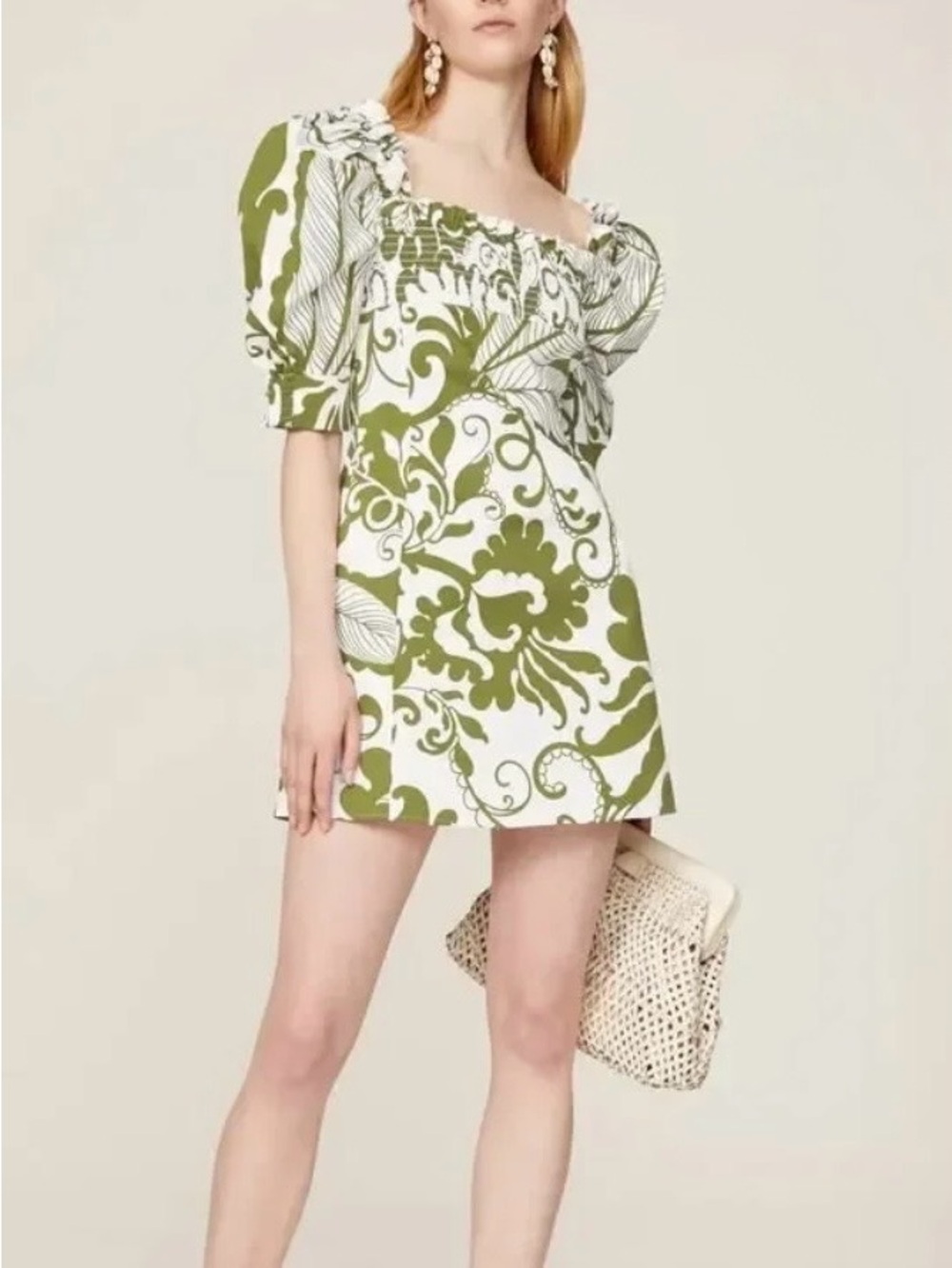 La DoubleJ Puff Sleeve Mini Dress in Marea Olive Green Tropical Print - S